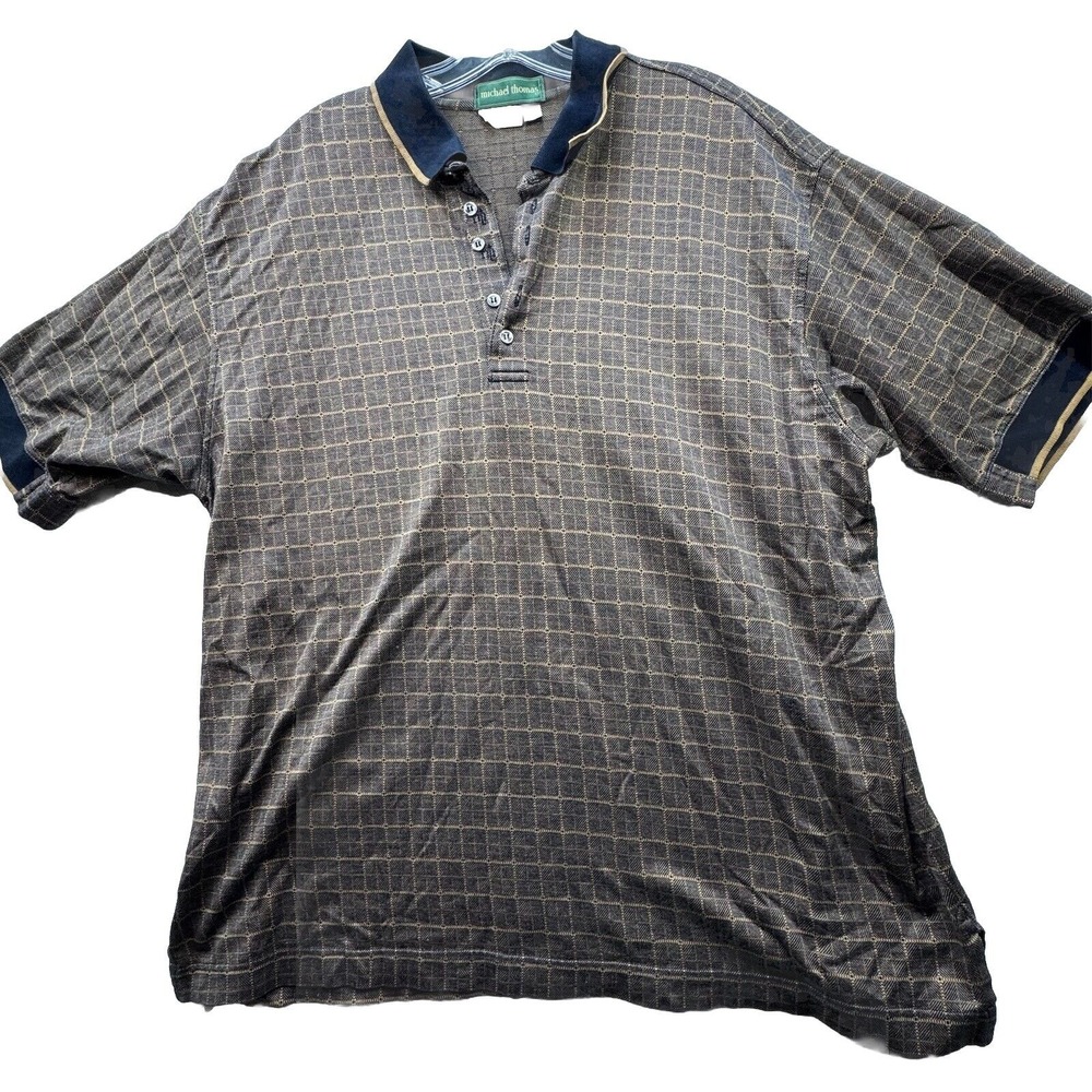 VTG Michael Thomas Egyptian Nile Cotton Mens XXL Plaid Polo Shirt Made In Italy